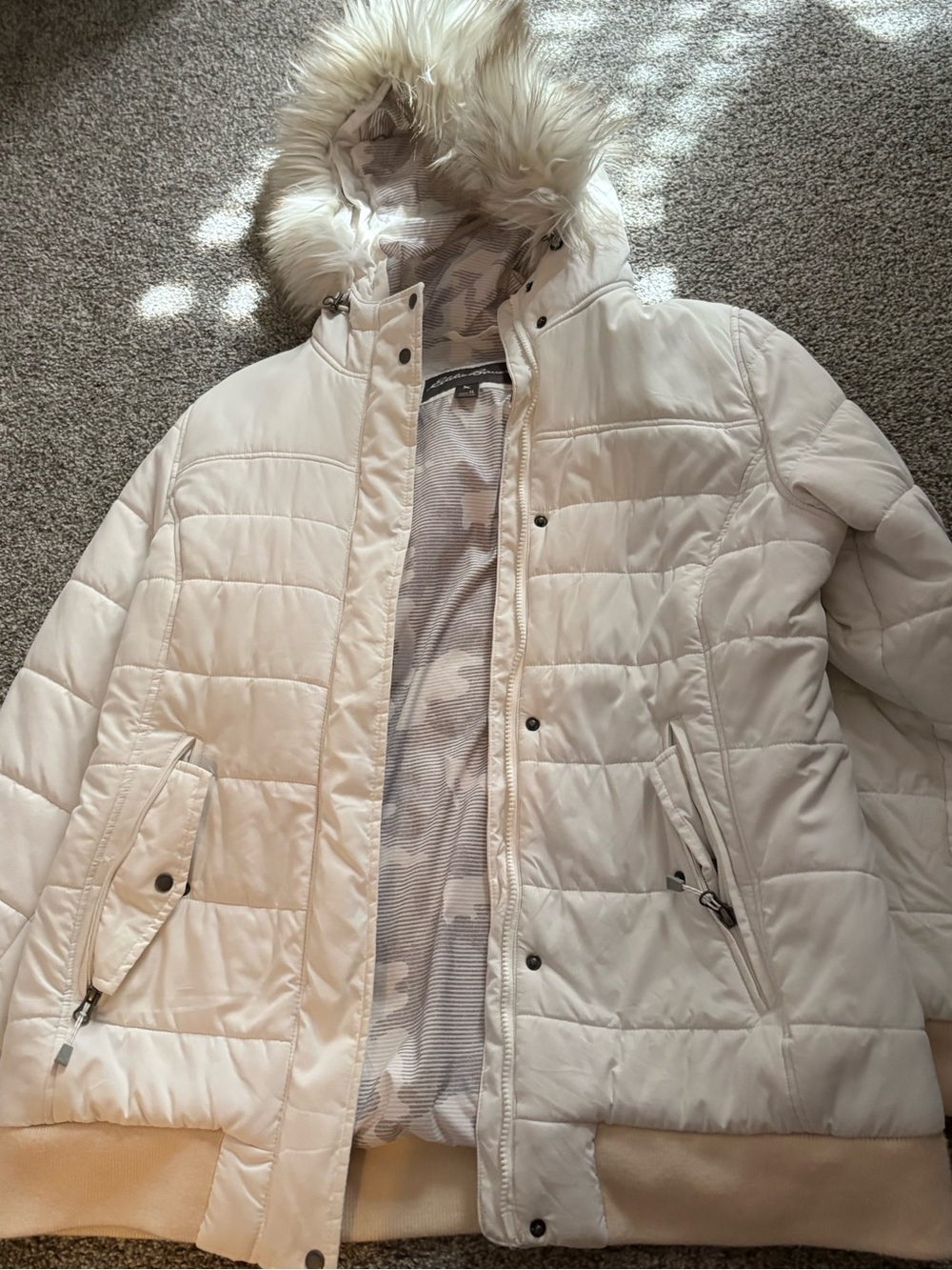 Eddie Bauer Cream Quilted Puffer Jacket with Faux-Fur Hood
